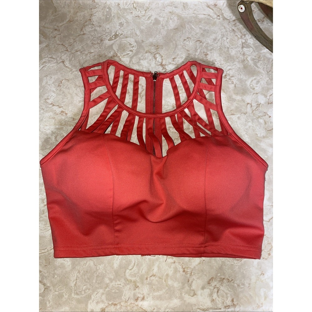 Papaya Medium Coral Built in bra, ZIp Back Cropped Top 90s Party‎